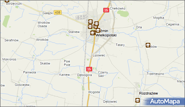 mapa Lipowiec gmina Koźmin Wielkopolski, Lipowiec gmina Koźmin Wielkopolski na mapie Targeo