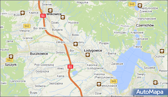 mapa Łodygowice powiat żywiecki, Łodygowice powiat żywiecki na mapie Targeo