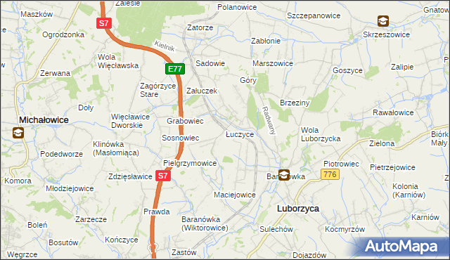mapa Łuczyce gmina Kocmyrzów-Luborzyca, Łuczyce gmina Kocmyrzów-Luborzyca na mapie Targeo