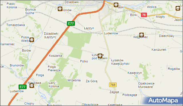 mapa Łysaków pod Lasem, Łysaków pod Lasem na mapie Targeo