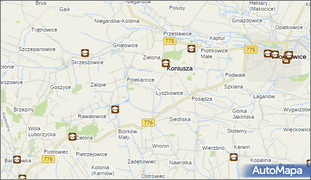 mapa Łyszkowice gmina Koniusza, Łyszkowice gmina Koniusza na mapie Targeo