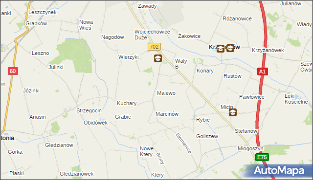 mapa Malewo gmina Krzyżanów, Malewo gmina Krzyżanów na mapie Targeo
