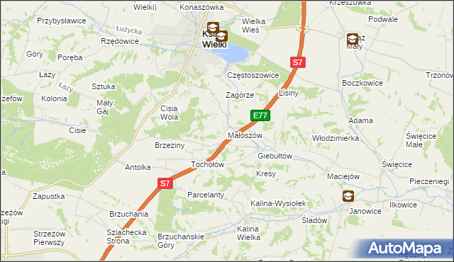 mapa Małoszów gmina Książ Wielki, Małoszów gmina Książ Wielki na mapie Targeo