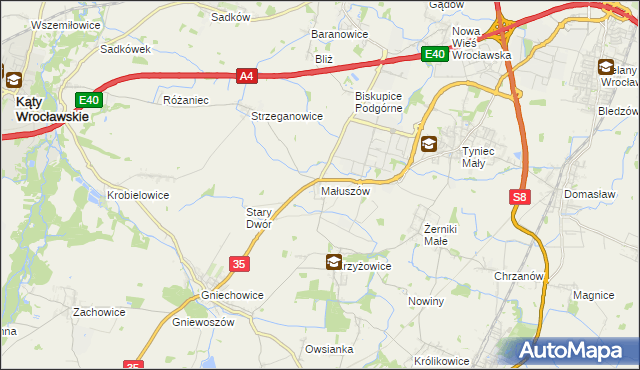 mapa Małuszów gmina Kobierzyce, Małuszów gmina Kobierzyce na mapie Targeo