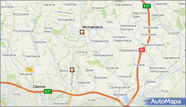 mapa Młodziejowice gmina Michałowice, Młodziejowice gmina Michałowice na mapie Targeo