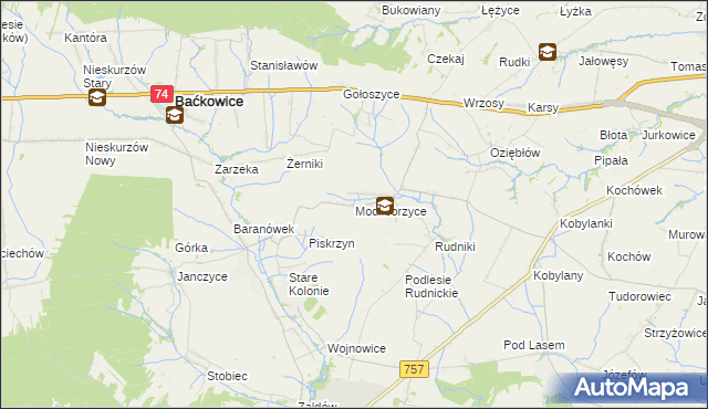 mapa Modliborzyce gmina Baćkowice, Modliborzyce gmina Baćkowice na mapie Targeo