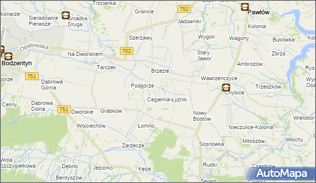 mapa Modrzewie gmina Pawłów, Modrzewie gmina Pawłów na mapie Targeo