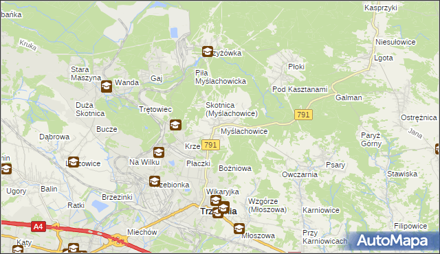 mapa Myślachowice, Myślachowice na mapie Targeo