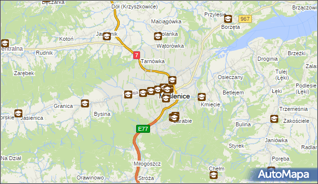 mapa Myślenice, Myślenice na mapie Targeo