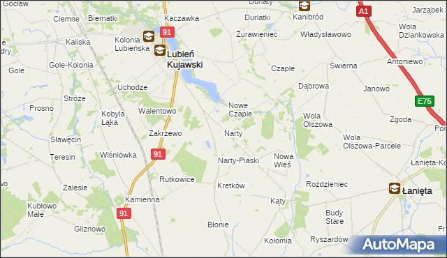 mapa Narty gmina Lubień Kujawski, Narty gmina Lubień Kujawski na mapie Targeo
