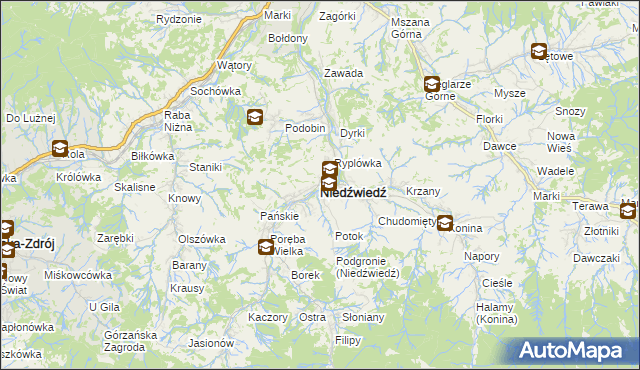 mapa Niedźwiedź powiat limanowski, Niedźwiedź powiat limanowski na mapie Targeo