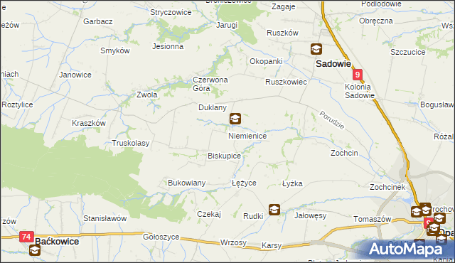 mapa Niemienice gmina Sadowie, Niemienice gmina Sadowie na mapie Targeo