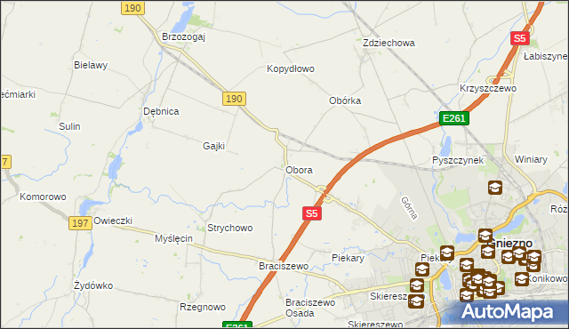 mapa Obora gmina Gniezno, Obora gmina Gniezno na mapie Targeo