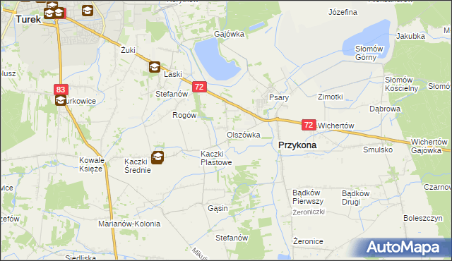 mapa Olszówka gmina Przykona, Olszówka gmina Przykona na mapie Targeo