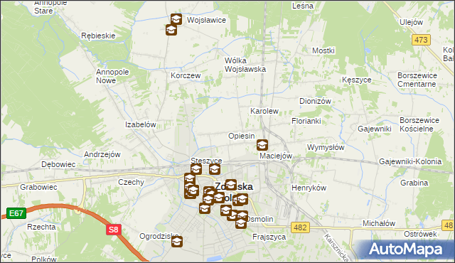 mapa Opiesin gmina Zduńska Wola, Opiesin gmina Zduńska Wola na mapie Targeo