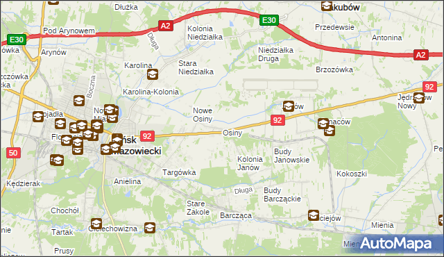 mapa Osiny gmina Mińsk Mazowiecki, Osiny gmina Mińsk Mazowiecki na mapie Targeo