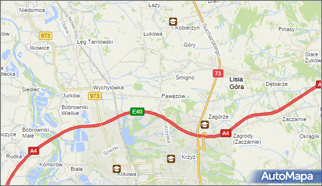 mapa Pawęzów gmina Lisia Góra, Pawęzów gmina Lisia Góra na mapie Targeo