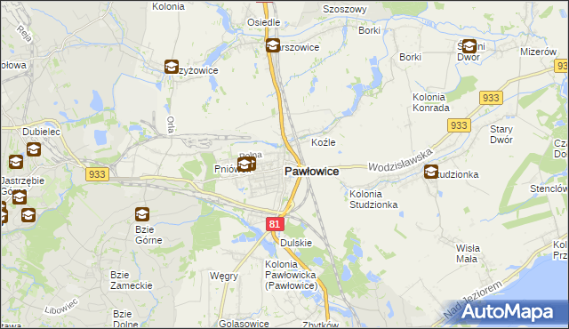 mapa Pawłowice powiat pszczyński, Pawłowice powiat pszczyński na mapie Targeo