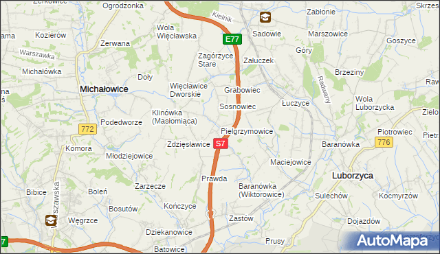 mapa Pielgrzymowice gmina Michałowice, Pielgrzymowice gmina Michałowice na mapie Targeo