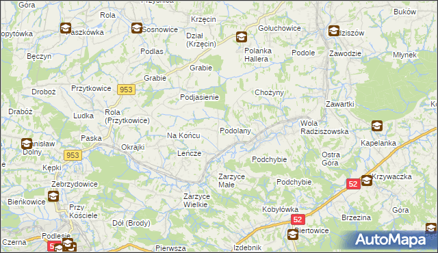 mapa Podolany gmina Kalwaria Zebrzydowska, Podolany gmina Kalwaria Zebrzydowska na mapie Targeo