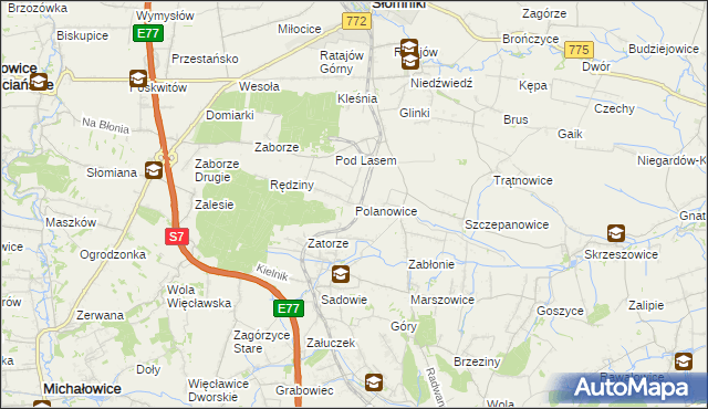 mapa Polanowice gmina Słomniki, Polanowice gmina Słomniki na mapie Targeo