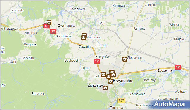 mapa Pomyków gmina Przysucha, Pomyków gmina Przysucha na mapie Targeo