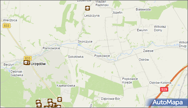 mapa Popkowice gmina Urzędów, Popkowice gmina Urzędów na mapie Targeo