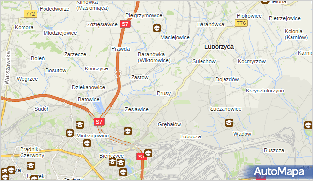 mapa Prusy gmina Kocmyrzów-Luborzyca, Prusy gmina Kocmyrzów-Luborzyca na mapie Targeo