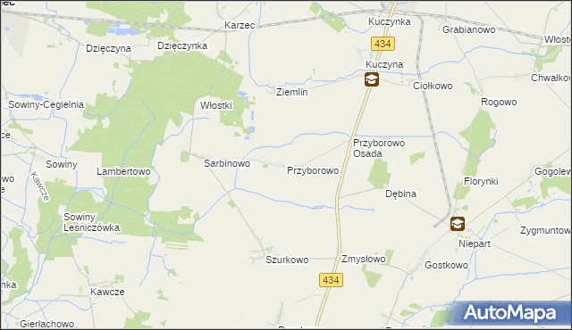 mapa Przyborowo gmina Krobia, Przyborowo gmina Krobia na mapie Targeo