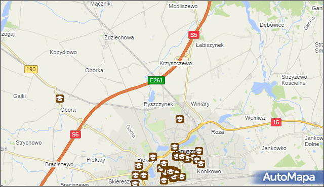 mapa Pyszczyn gmina Gniezno, Pyszczyn gmina Gniezno na mapie Targeo