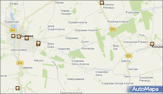 mapa Romanów gmina Bychawa, Romanów gmina Bychawa na mapie Targeo