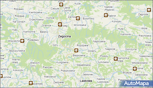 mapa Rozdziele gmina Żegocina, Rozdziele gmina Żegocina na mapie Targeo