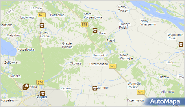mapa Rumunki gmina Gąbin, Rumunki gmina Gąbin na mapie Targeo