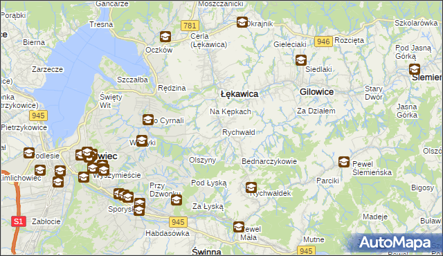 mapa Rychwałd gmina Gilowice, Rychwałd gmina Gilowice na mapie Targeo