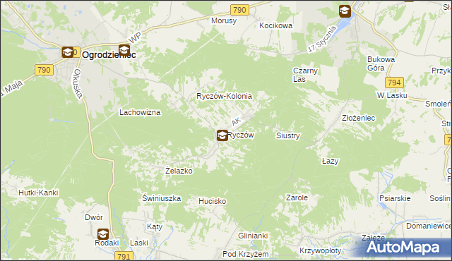 mapa Ryczów gmina Ogrodzieniec, Ryczów gmina Ogrodzieniec na mapie Targeo