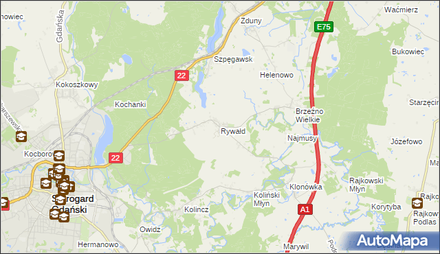 mapa Rywałd gmina Starogard Gdański, Rywałd gmina Starogard Gdański na mapie Targeo