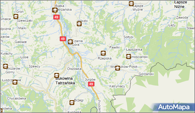 mapa Rzepiska gmina Bukowina Tatrzańska, Rzepiska gmina Bukowina Tatrzańska na mapie Targeo