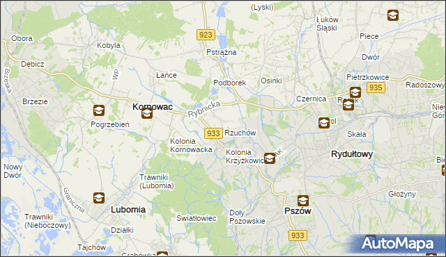 mapa Rzuchów gmina Kornowac, Rzuchów gmina Kornowac na mapie Targeo