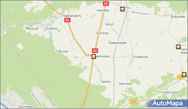 mapa Sarbinowo gmina Dębno, Sarbinowo gmina Dębno na mapie Targeo