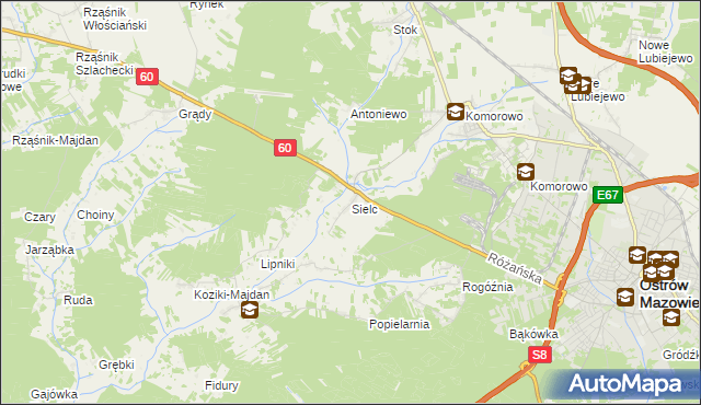 mapa Sielc gmina Ostrów Mazowiecka, Sielc gmina Ostrów Mazowiecka na mapie Targeo