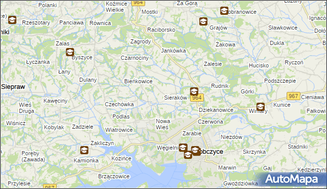 mapa Sieraków gmina Dobczyce, Sieraków gmina Dobczyce na mapie Targeo