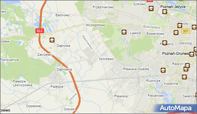 mapa Skórzewo gmina Dopiewo, Skórzewo gmina Dopiewo na mapie Targeo