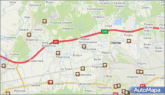 mapa Skrzyszów gmina Ostrów, Skrzyszów gmina Ostrów na mapie Targeo