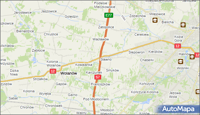 mapa Sławno gmina Wolanów, Sławno gmina Wolanów na mapie Targeo