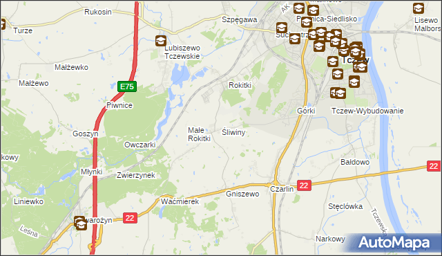 mapa Śliwiny gmina Tczew, Śliwiny gmina Tczew na mapie Targeo