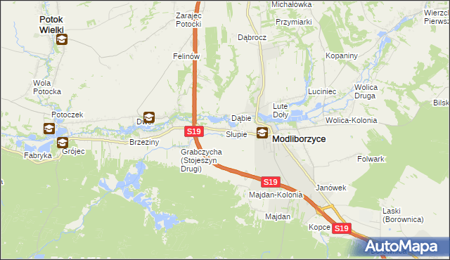 mapa Słupie gmina Modliborzyce, Słupie gmina Modliborzyce na mapie Targeo