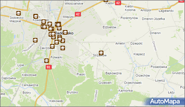 mapa Strzałków gmina Radomsko, Strzałków gmina Radomsko na mapie Targeo