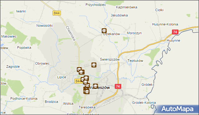 mapa Świerszczów gmina Hrubieszów, Świerszczów gmina Hrubieszów na mapie Targeo