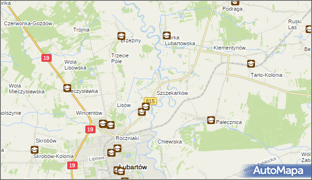 mapa Szczekarków gmina Lubartów, Szczekarków gmina Lubartów na mapie Targeo