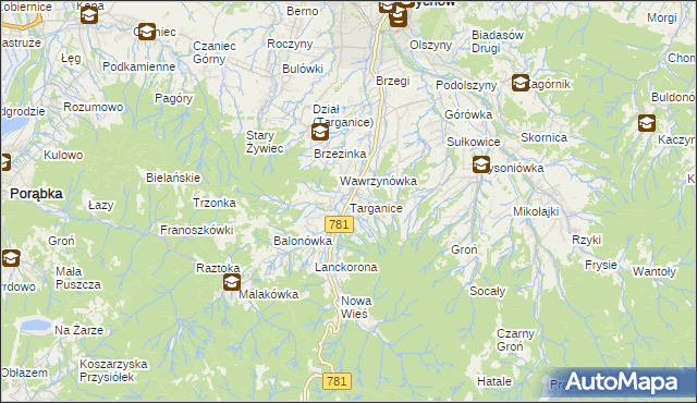 mapa Targanice, Targanice na mapie Targeo